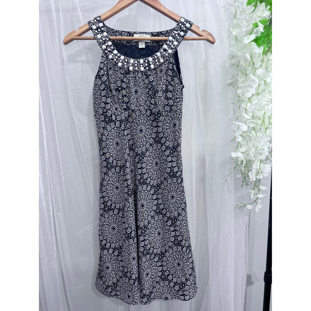 Ann Taylor LOFT Navy White Mandala Pearl Embellished Shift Dress 00P Petite